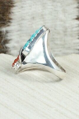 Turquoise, Coral & Sterling Silver Ring - Lyolita Tsattie - Size 7