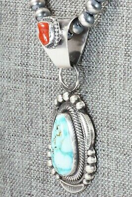 Turquoise, Coral Pendant & Sterling Silver Necklace - Tom Lewis