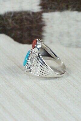 Navajo Turquoise, Coral & Sterling Silver Ring - Jeanette Saunders - Size 9.5 - High Lonesome Trading