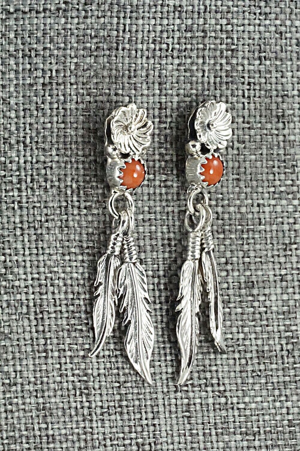 Coral & Sterling Silver Earrings - Adelarae Yazzie