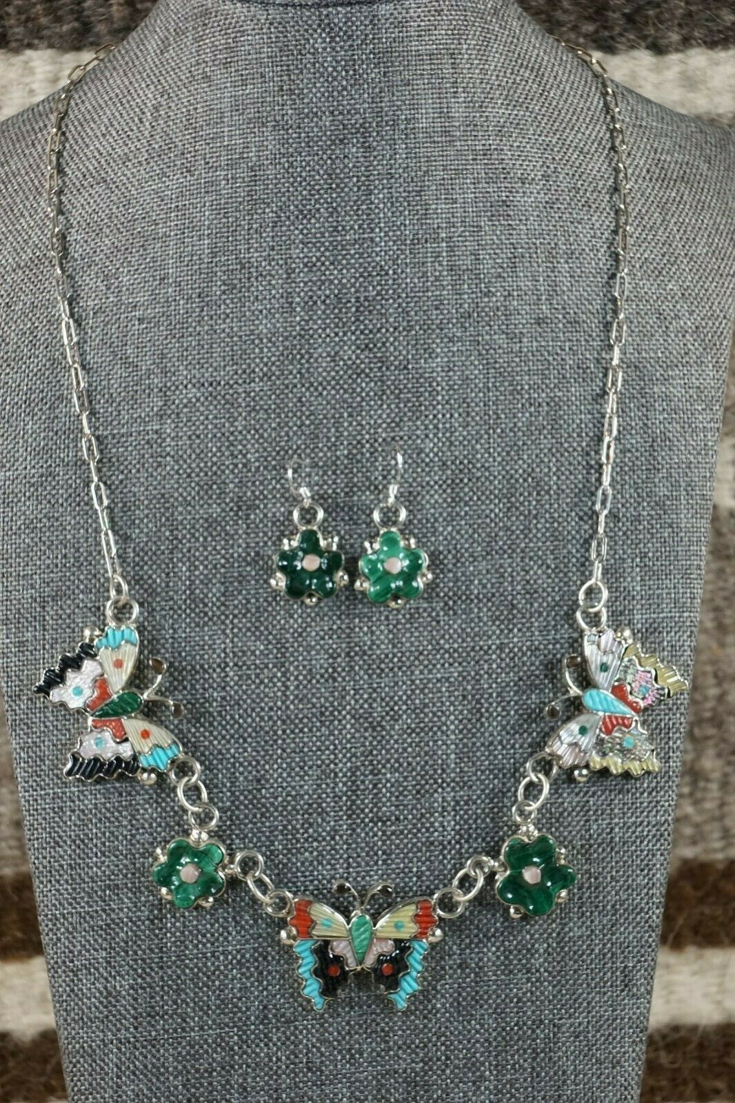 Zuni Inlay Butterfly and Flower Necklace and Earrings - Tamara Pinto - High Lonesome Trading