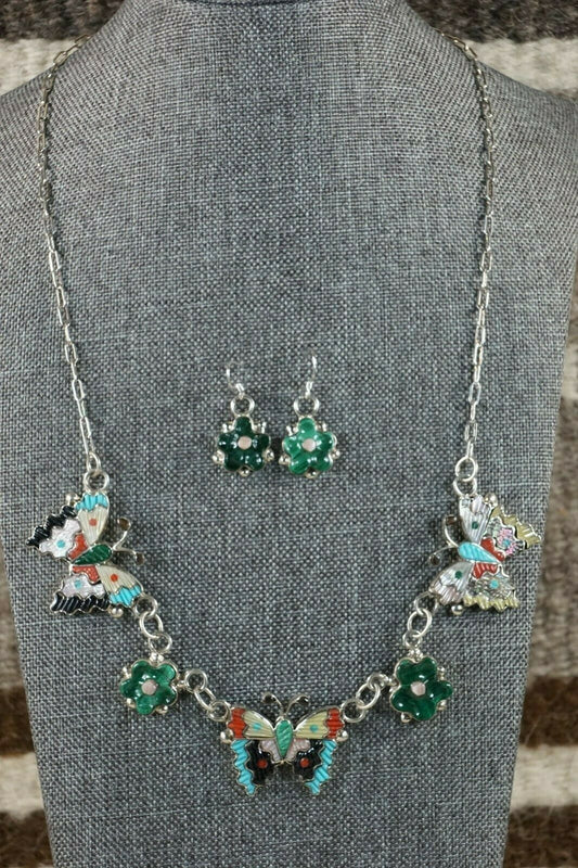 Zuni Inlay Butterfly and Flower Necklace and Earrings - Tamara Pinto - High Lonesome Trading