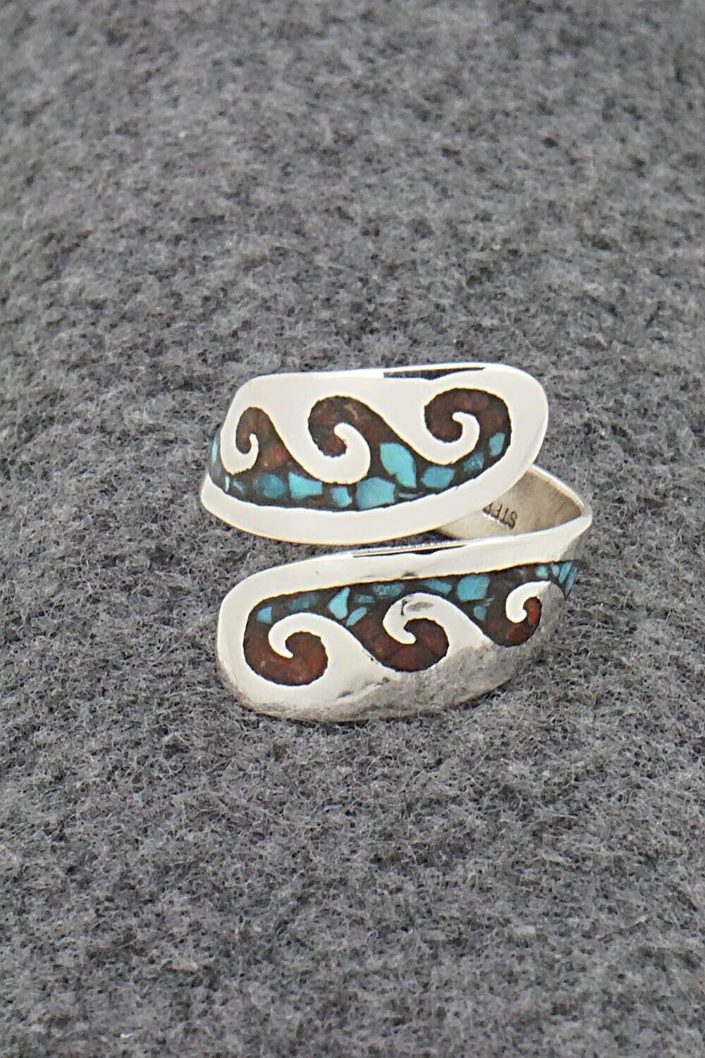 Turquoise, Coral & Sterling Silver Ring - Jolene Yazzie - Size 8
