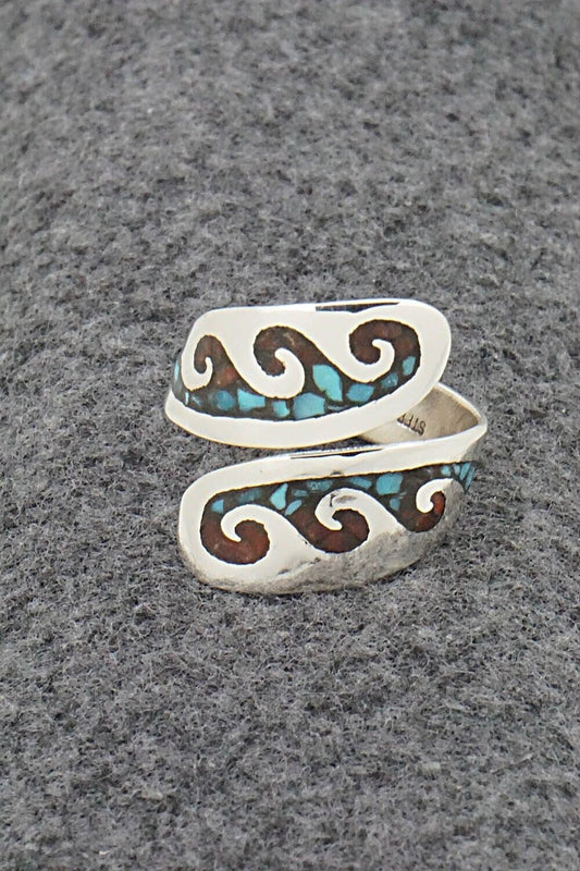 Turquoise, Coral & Sterling Silver Ring - Jolene Yazzie - Size 8