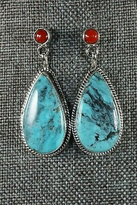 Navajo Turquoise and Coral Sterling Silver Earrings - Judy Largo - High Lonesome Trading