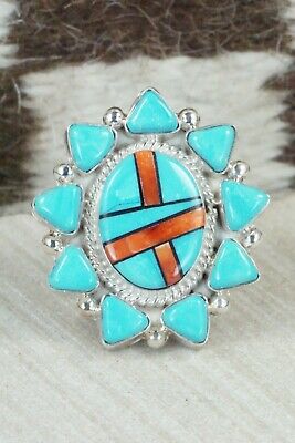 Turquoise, Spiny Oyster & Sterling Silver Ring - Leslie Lamy - Size 7.5