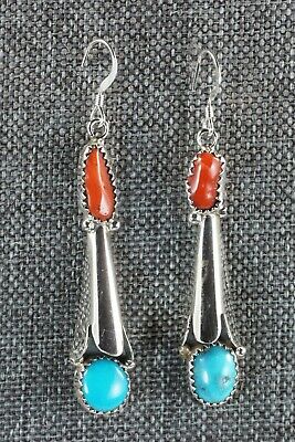 Navajo Turquoise, Coral & Sterling Silver Earrings - Roger Pino