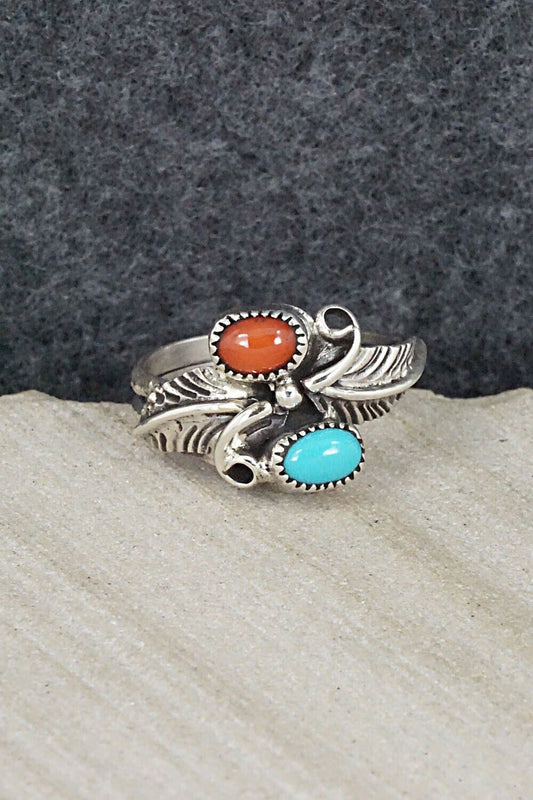 Turquoise, Coral & Sterling Silver Ring - Harry Yazzie - Size 7.5