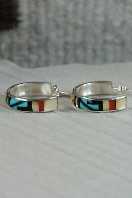 Zuni Multi Stone Inlay & Sterling Silver Hoop Earrings - Delberta Boone - High Lonesome Trading
