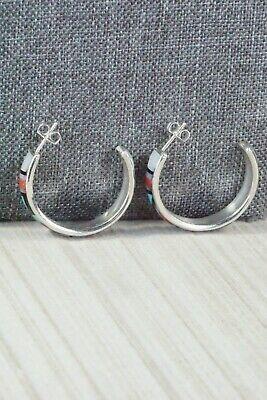 Multi Stone Inlay & Sterling Silver Hoop Earrings - Delberta Boone - High Lonesome Trading