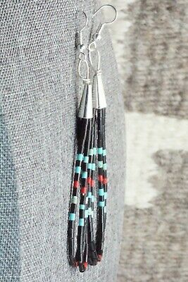 Turquoise, Coral, Jet & Sterling Silver Earrings - Esquipula Tenorio