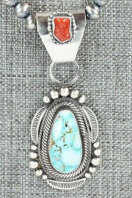 Turquoise, Coral Pendant & Sterling Silver Necklace - Tom Lewis