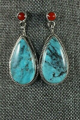 Navajo Turquoise and Coral Sterling Silver Earrings - Judy Largo - High Lonesome Trading