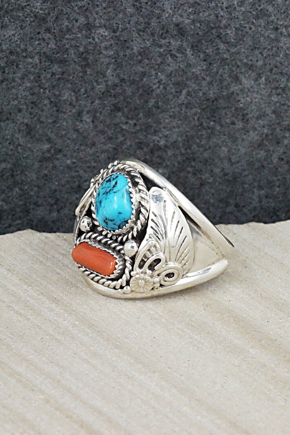Turquoise, Coral & Sterling Silver Ring - Leonard Spencer - 14.5