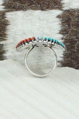 Turquoise, Coral and Sterling Silver Ring - Edmund Cooeyate - Size 7.5