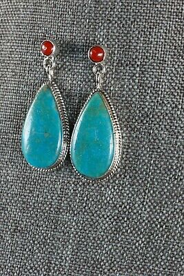 Navajo Turquoise and Coral Sterling Silver Earrings - Judy Largo