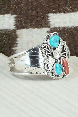 Turquoise, Coral & Sterling Silver Bracelet - Shirley Largo