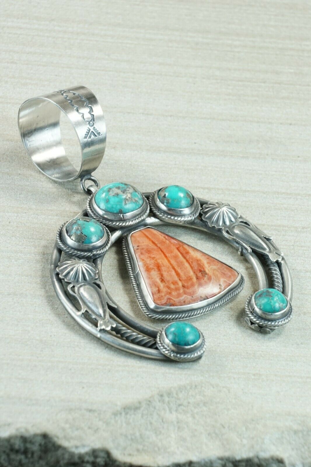 Turquoise, Spiny Oyster and Sterling Silver Pendant - Raymond Delgarito