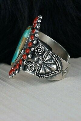 Navajo Turquoise & Coral Sterling Silver Bracelet - Braxton Parkett - High Lonesome Trading