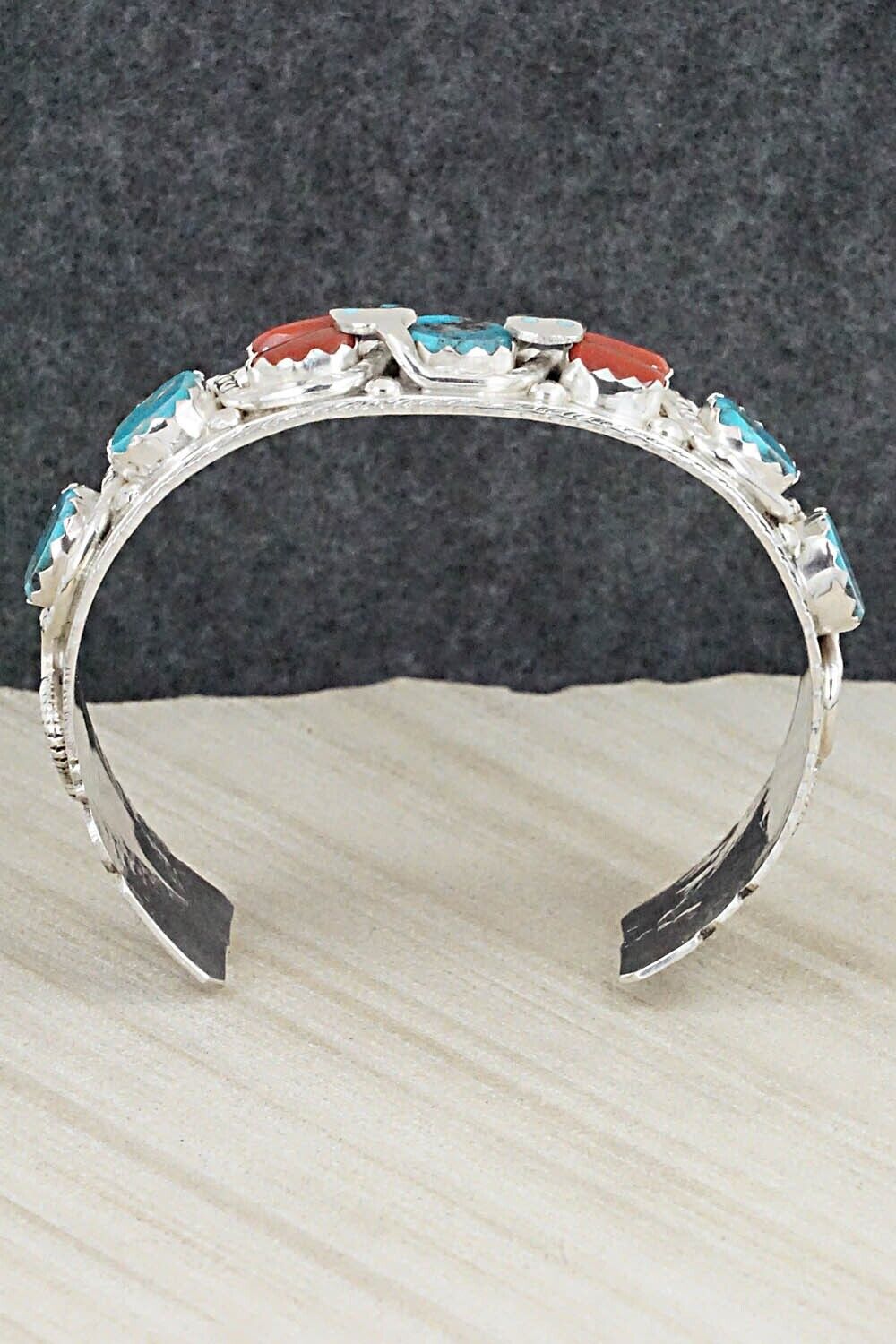 Turquoise, Coral & Sterling Silver Bracelet - Joy Calavaza