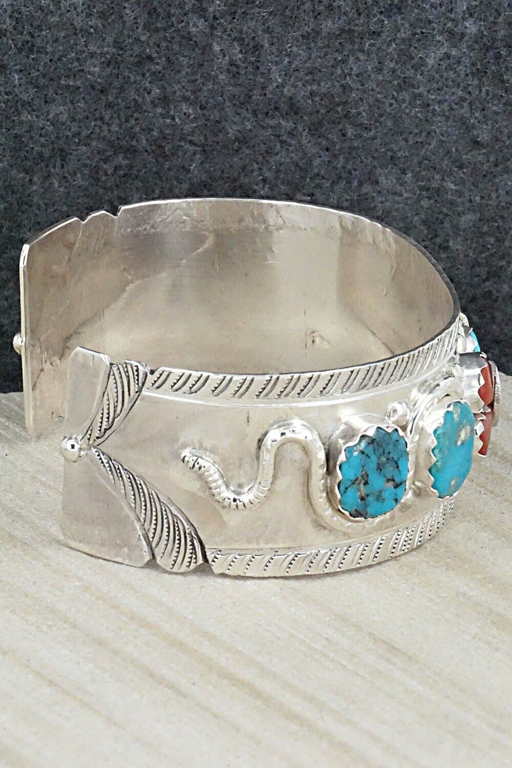 Turquoise, Coral & Sterling Silver Bracelet - Joy Calavaza