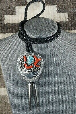Navajo Turquoise, Coral & Sterling Silver Bolo Tie - Mary Spencer - High Lonesome Trading