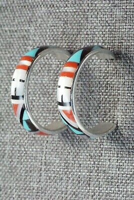 Multi Stone Inlay & Sterling Silver Hoop Earrings - Delberta Boone - High Lonesome Trading