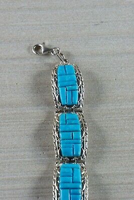 Zuni Turquoise & Sterling Silver Link Bracelet - Bevis Tsadiasi - High Lonesome Trading