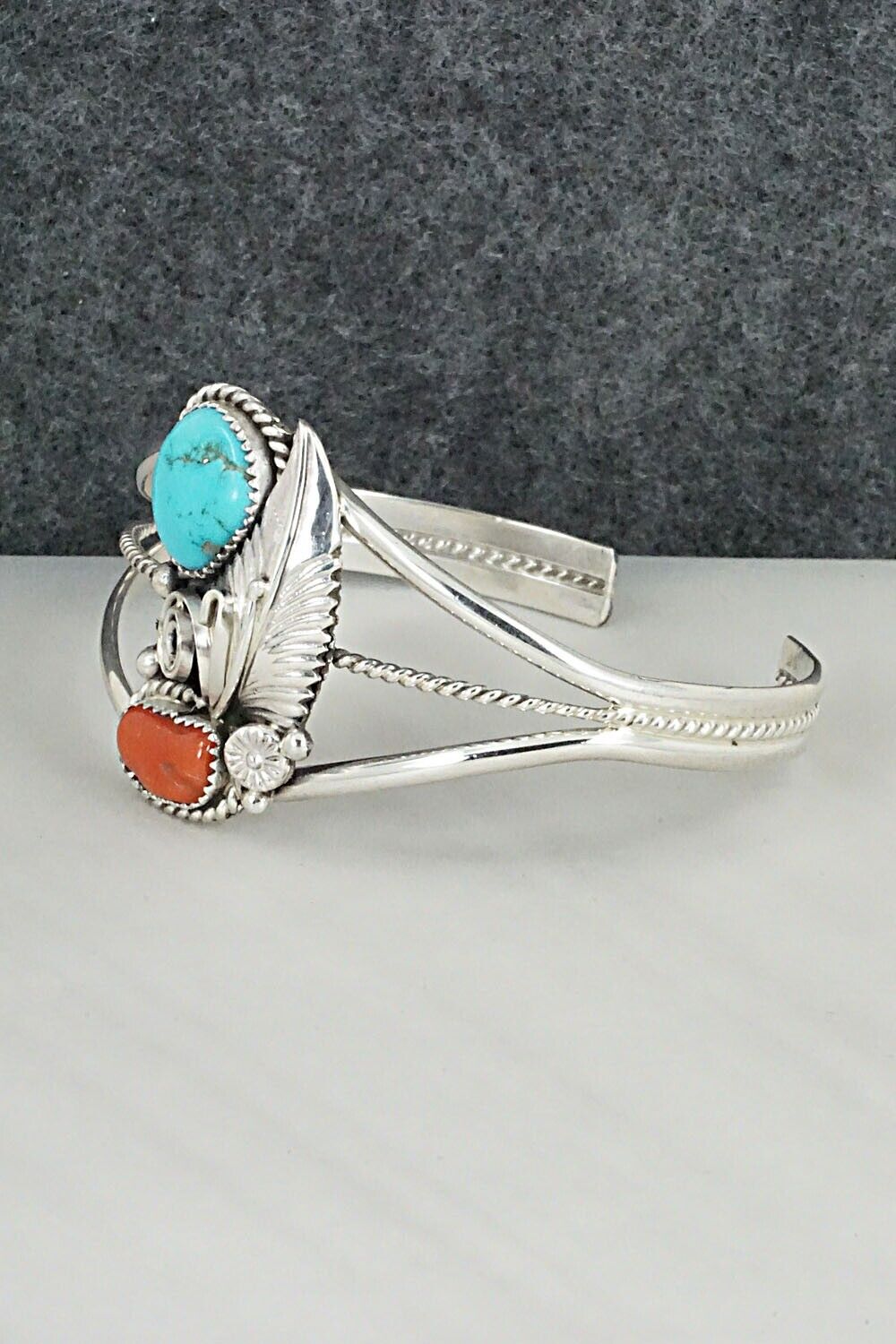 Turquoise, Coral and Sterling Silver Bracelet - Leonard Spencer
