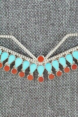 Turquoise, Coral & Sterling Silver Necklace - Fadrian Bowannie