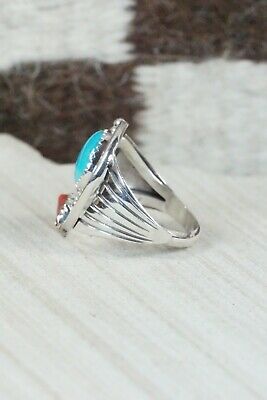 Navajo Turquoise, Coral & Sterling Silver Ring - Jeanette Saunders - Size 9.5