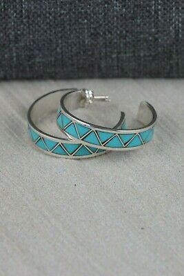 Zuni Turquoise & Sterling Silver Hoop Earrings - Tina Haloo - High Lonesome Trading