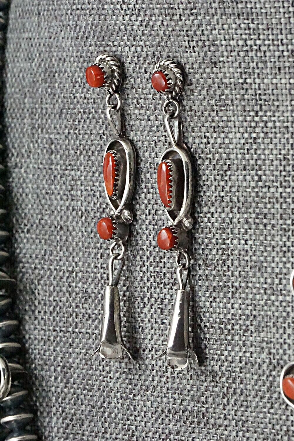Coral & Sterling Silver Squash Blossom and Earrings - Vie Bobelu