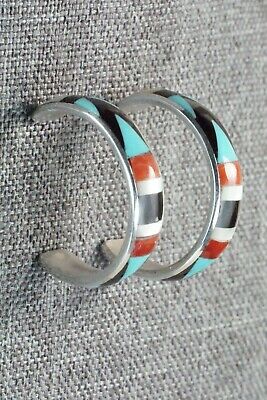 Multi Stone Inlay & Sterling Silver Hoop Earrings - Delberta Boone - High Lonesome Trading