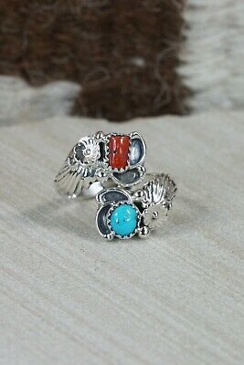 Navajo Turquoise, Coral and Sterling Silver Ring - Etta Belin - Size 5.5