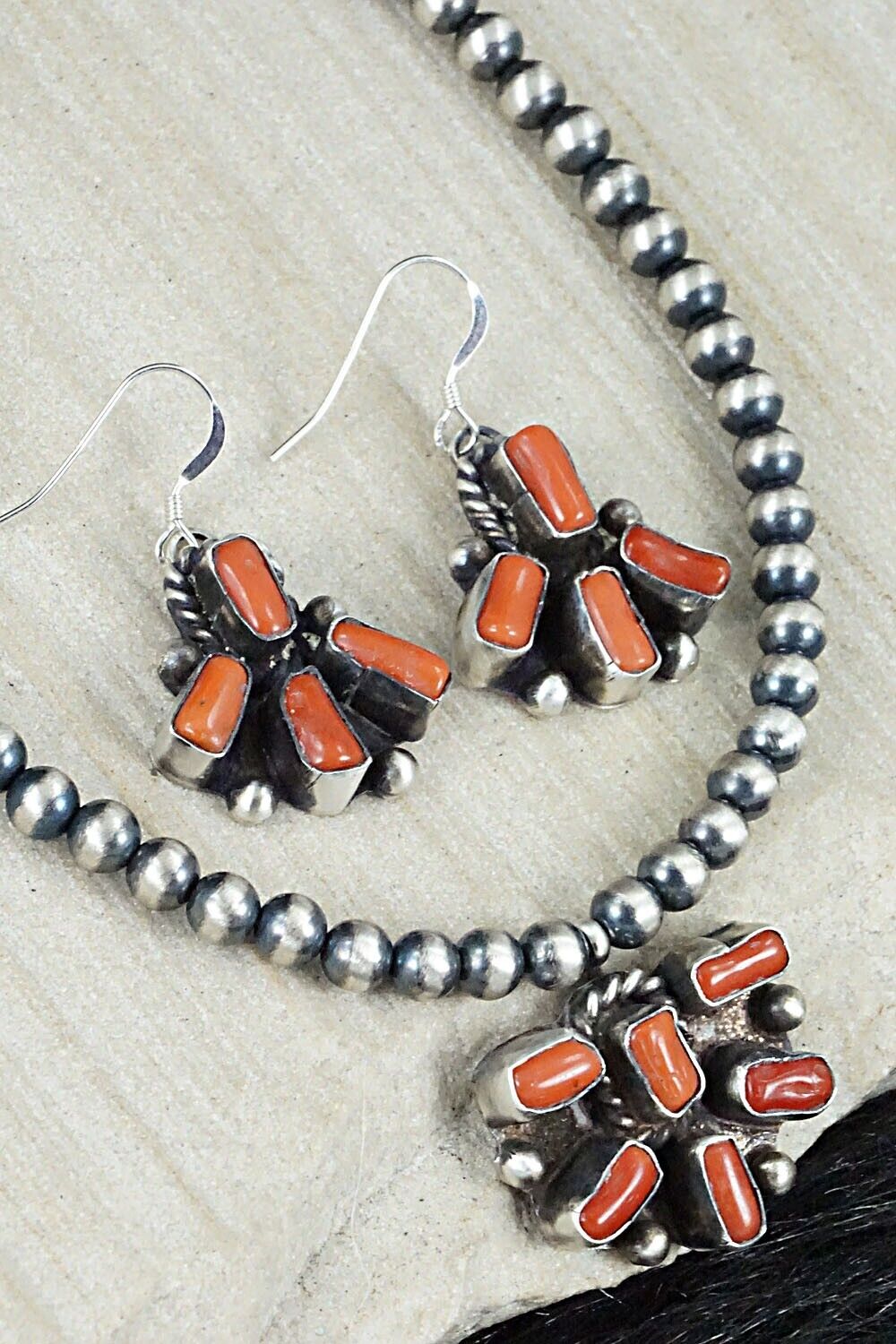 Coral & Sterling Silver Necklace and Earrings Set - Wilson Dawes