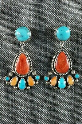 Navajo Turquoise, Spiny Oyster and Sterling Silver Earrings - David Lister - High Lonesome Trading