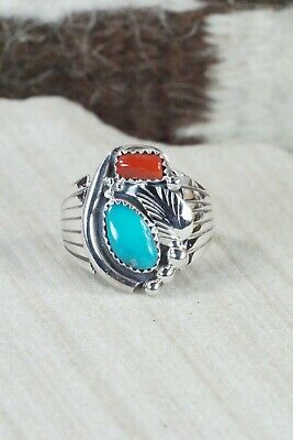 Navajo Turquoise, Coral & Sterling Silver Ring - Jeanette Saunders - Size 9