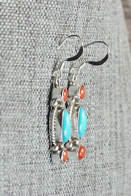 Turquoise, Coral and Sterling Silver Earrings - Navajo