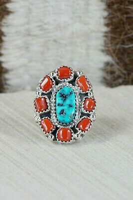 Navajo Turquoise, Coral & Sterling Silver Ring - Roberta Begay - Size 6.25