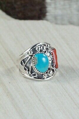 Turquoise, Coral & Sterling Silver Ring - Jeanette Saunders - Size 10