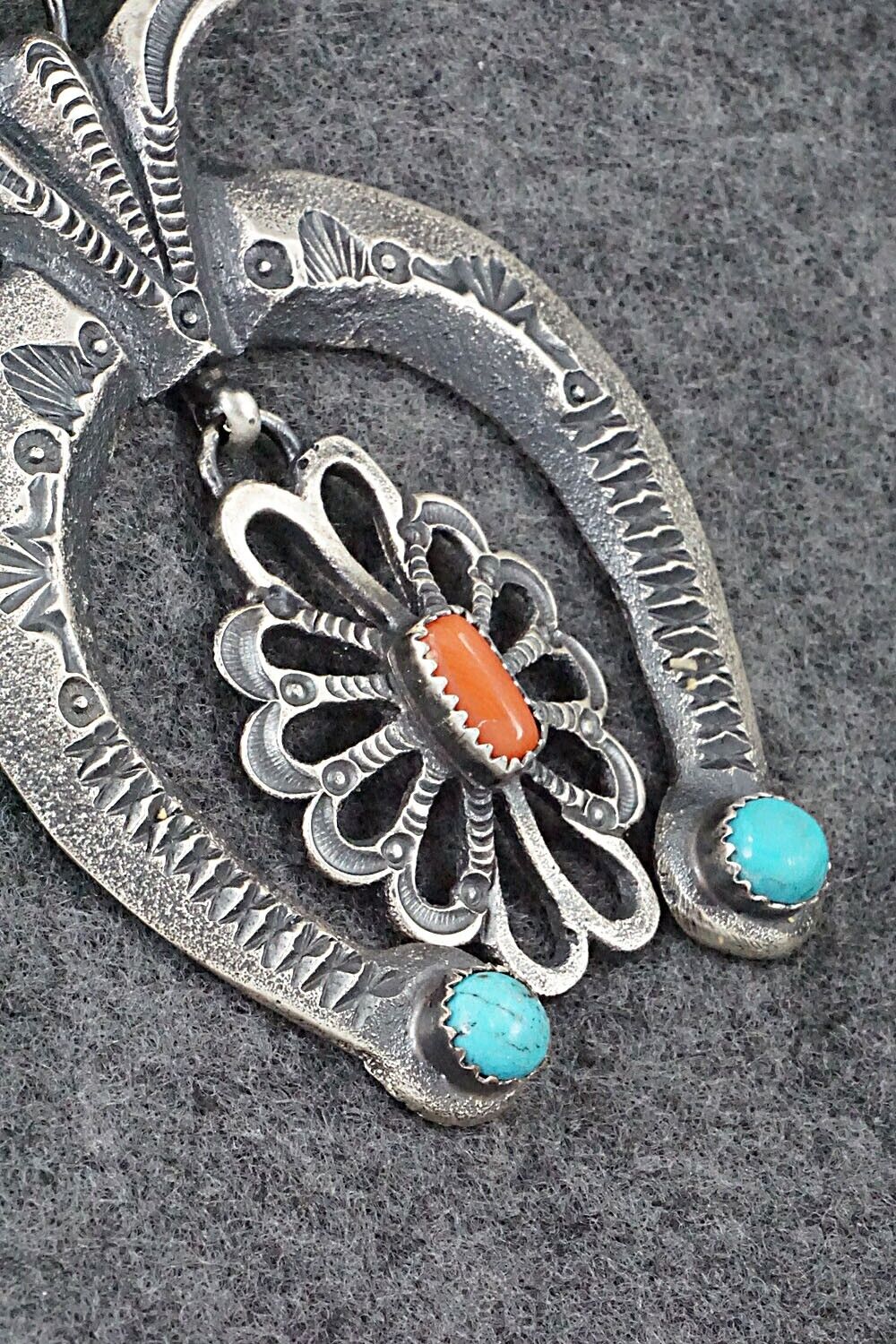 Turquoise, Coral and Sterling Silver Naja Pendant - Eva Cayatineto