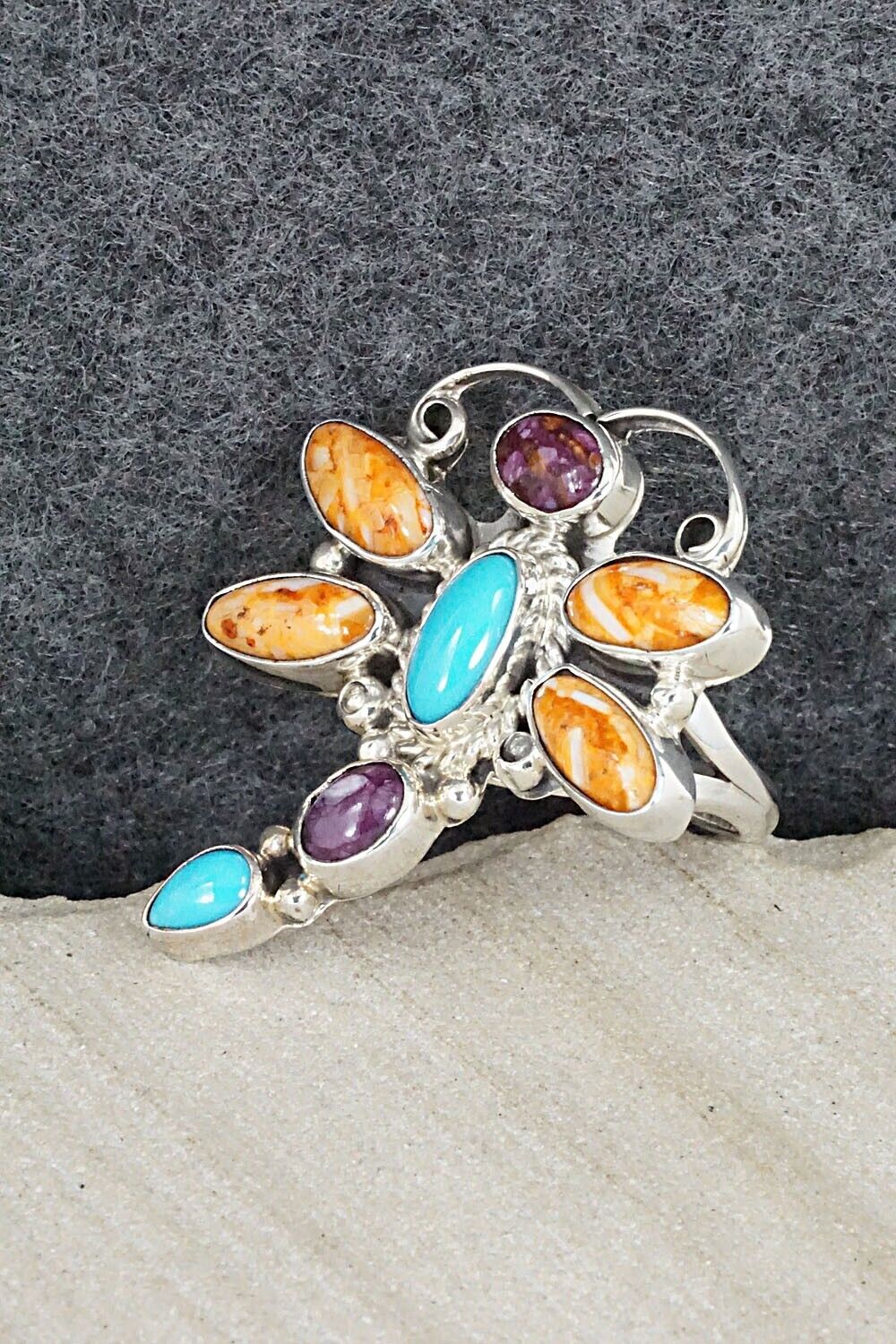 Turquoise, Spiny Oyster & Sterling Silver Ring - Bobby Platero - Size 9.5