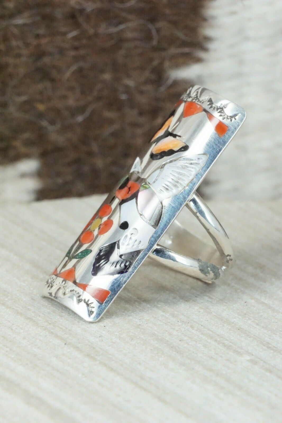 Multi Stone Inlay & Sterling Silver Ring - Quintin Quam Sr - Size 6.75