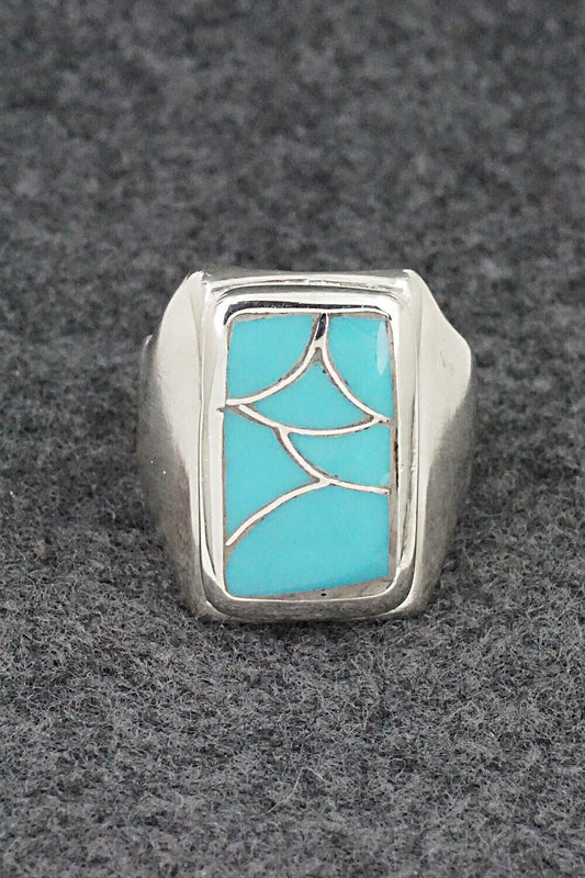Turquoise & Sterling Silver Inlay Ring - Orena Leekya - Size 10