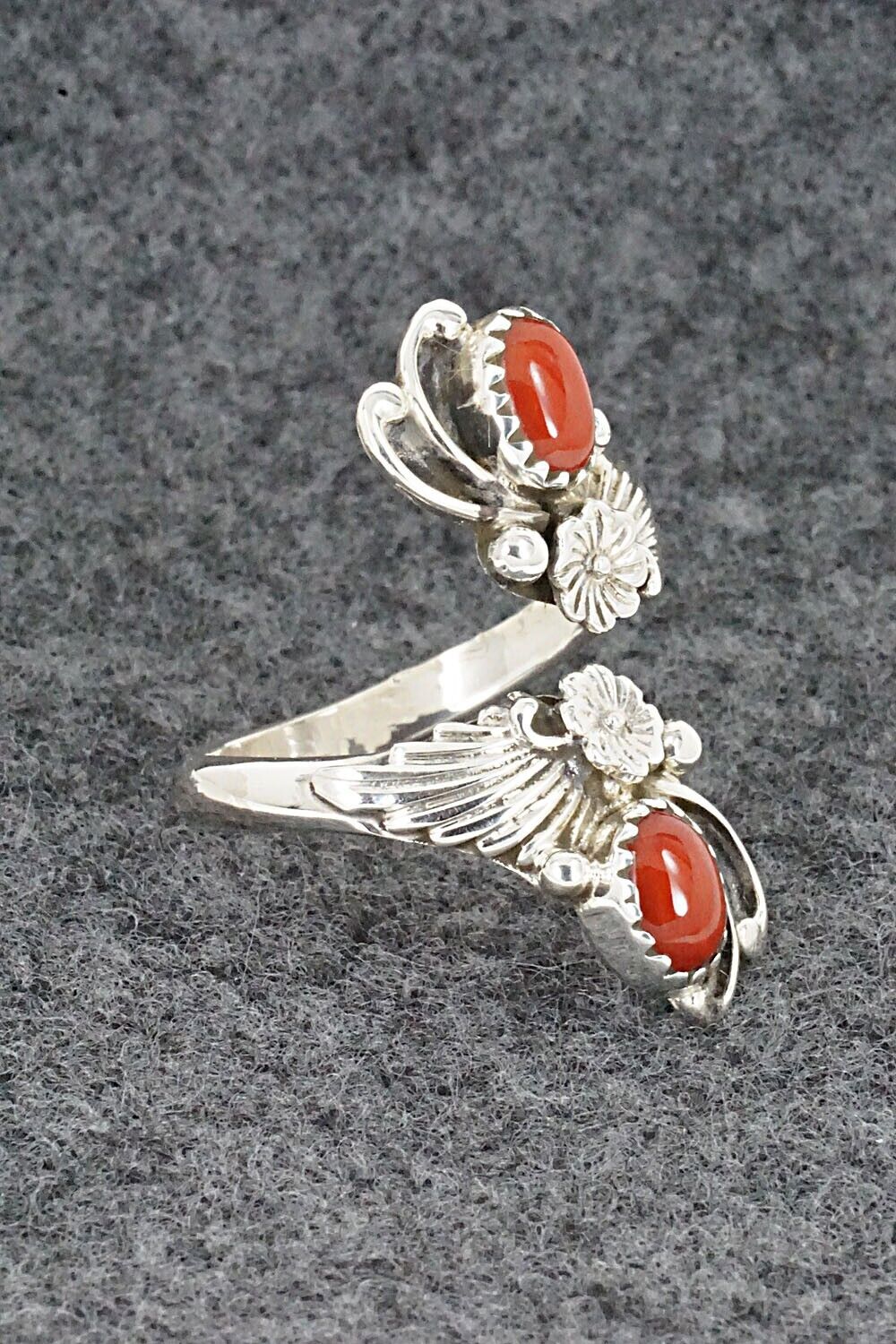 Coral and Sterling Silver Ring - Etta Belin - Size 8.5