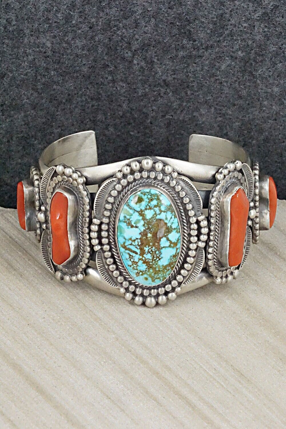 Turquoise, Coral and Sterling Silver Bracelet - Tom Lewis