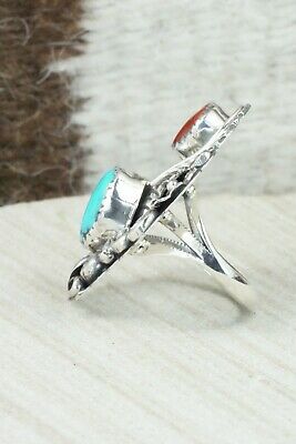 Turquoise, Coral & Sterling Silver Ring - Harry Yazzie - Size 9.25