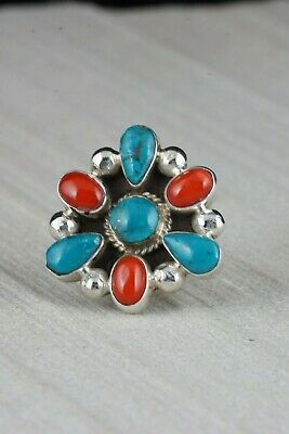 Navajo Turquoise and Coral Cluster Sterling Silver Ring - Roberta Begay - Size 6 - High Lonesome Trading