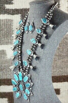 Turquoise & Sterling Silver Squash Blossom and Earrings - Vernon Johnson